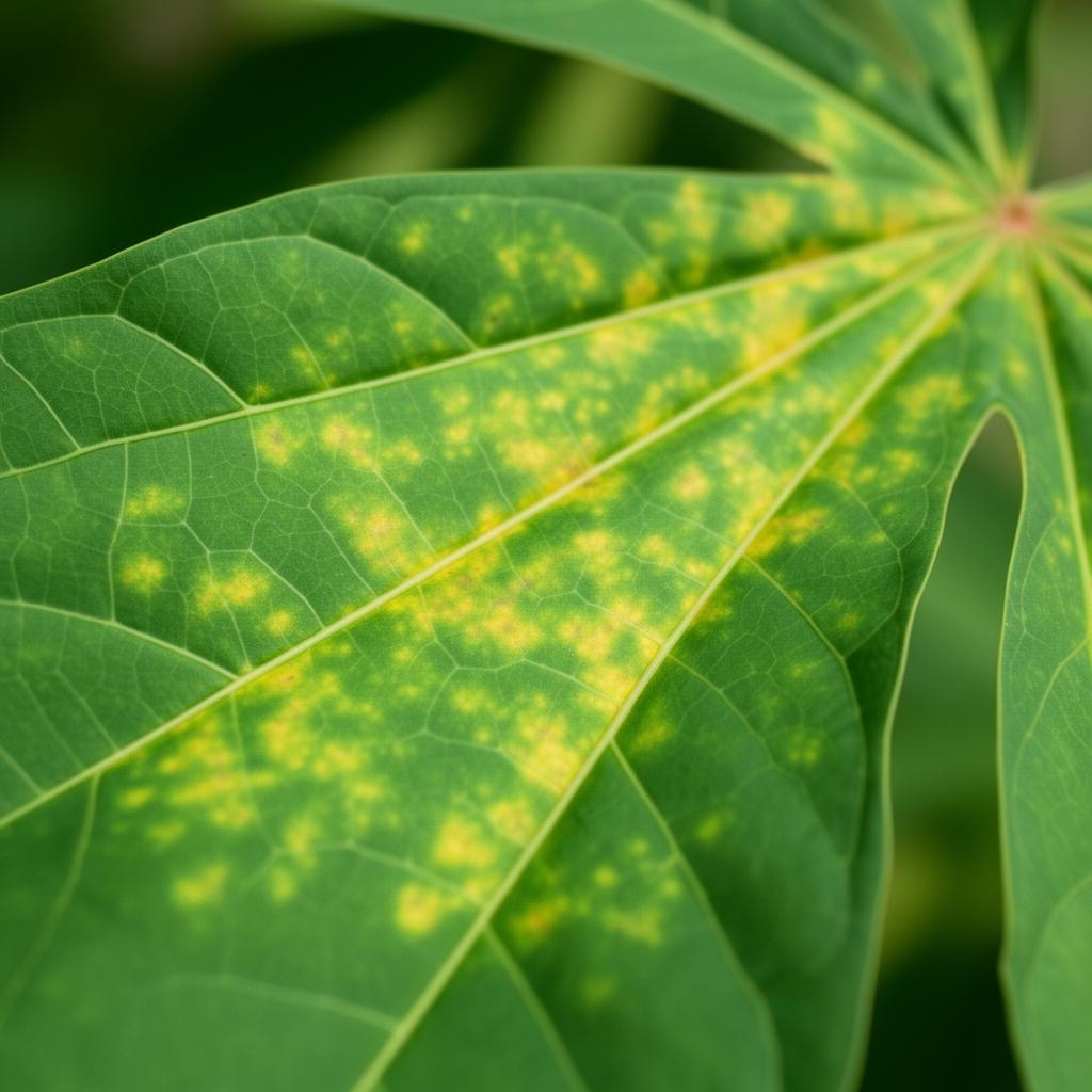 Cassava leaf showing early mosaic virus symptoms